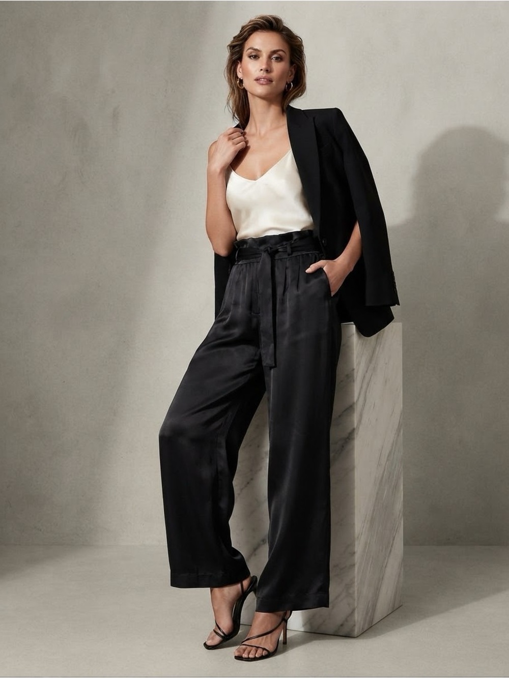 3.1 Phillip Lim Black Paperbag Waist Wide Leg Silk-Feel Viscose Trousers Sz 8